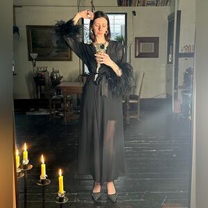 Oscar de la Renta Black Sheer Robe with ostrich Feather Trim